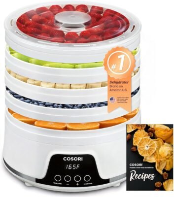 Cosori Food Dehydrator Machine for Jerky, 5 BPA-Free Trays with 165°F Temperature Control and 48H Timer, 350W Dryer for Fruit, Herbs, Meat, Veggies and Dog Treats, 50-Recipes Book Included