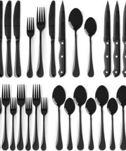 Astercook 24-Piece Black Silverware Set with Steak Knives Flatware Set for 4 Food-Grade Stainless Steel Cutlery Set Mirror Polished Utensils Set Include Spoons and Forks for Home Kitchen Restaurant